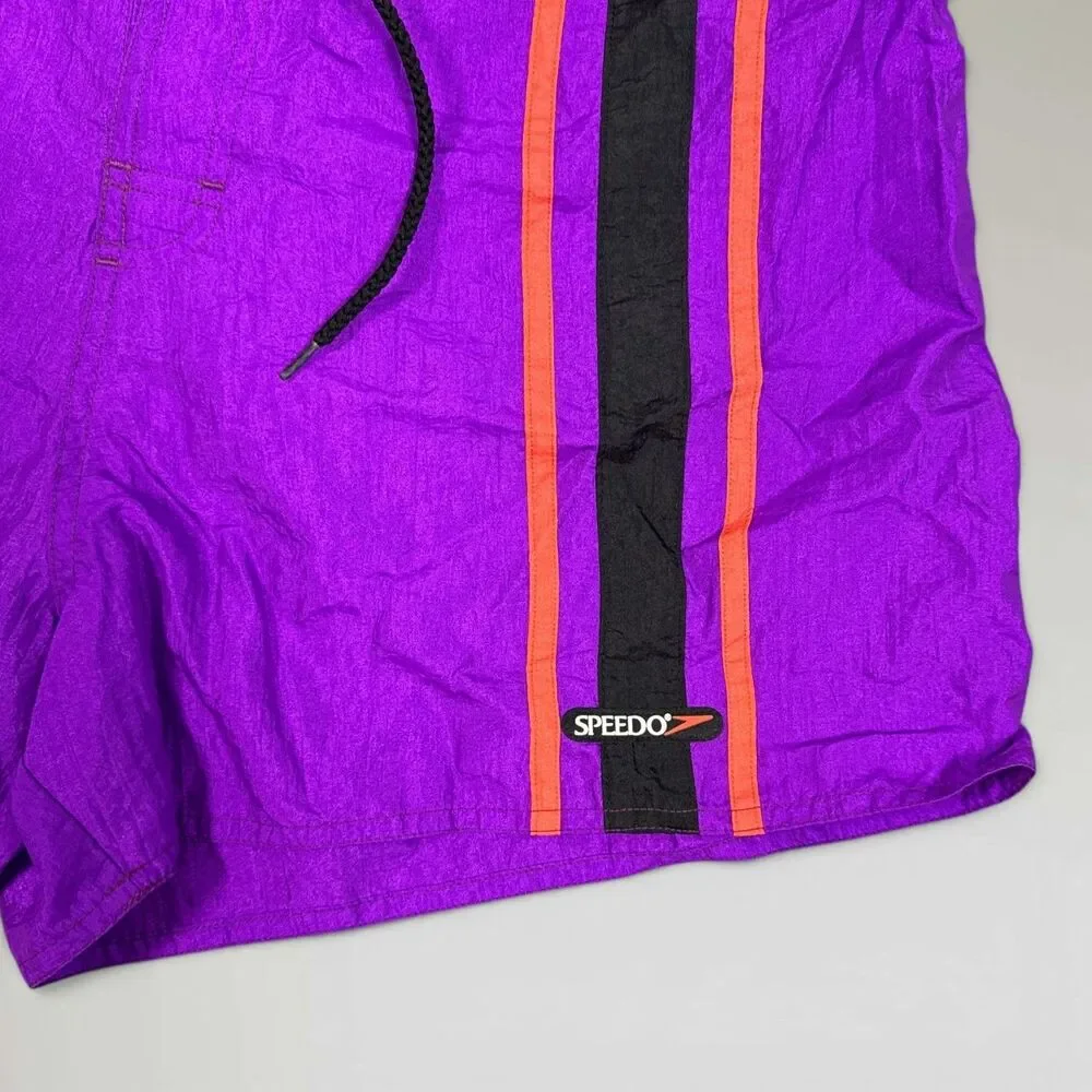 Vintage 90s Speedo Swim Trunks Purple Neon Colorblock Nylon Drawstring Size XL